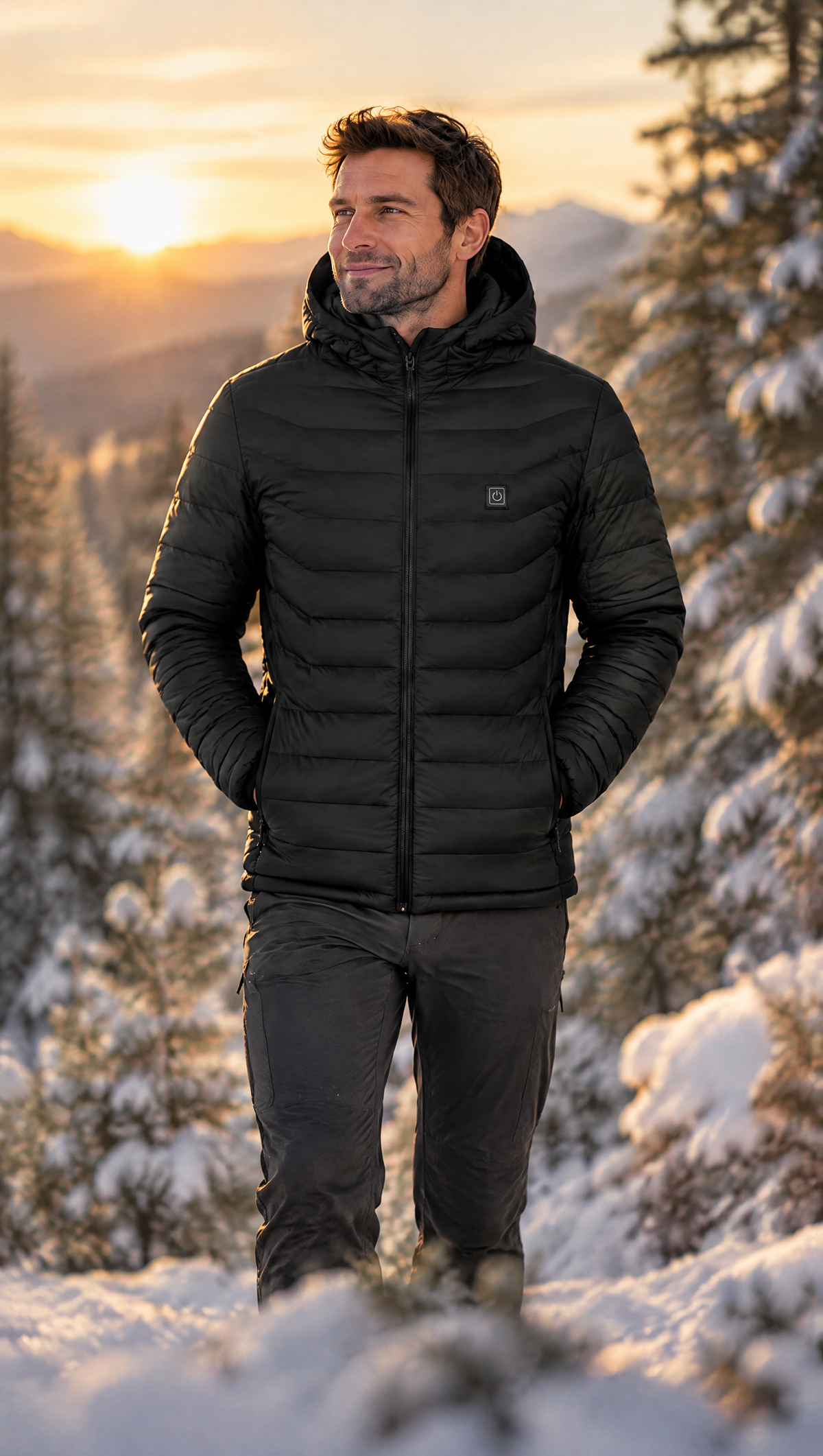 Man wearing the Warmaly heated puffer jacket in the snow